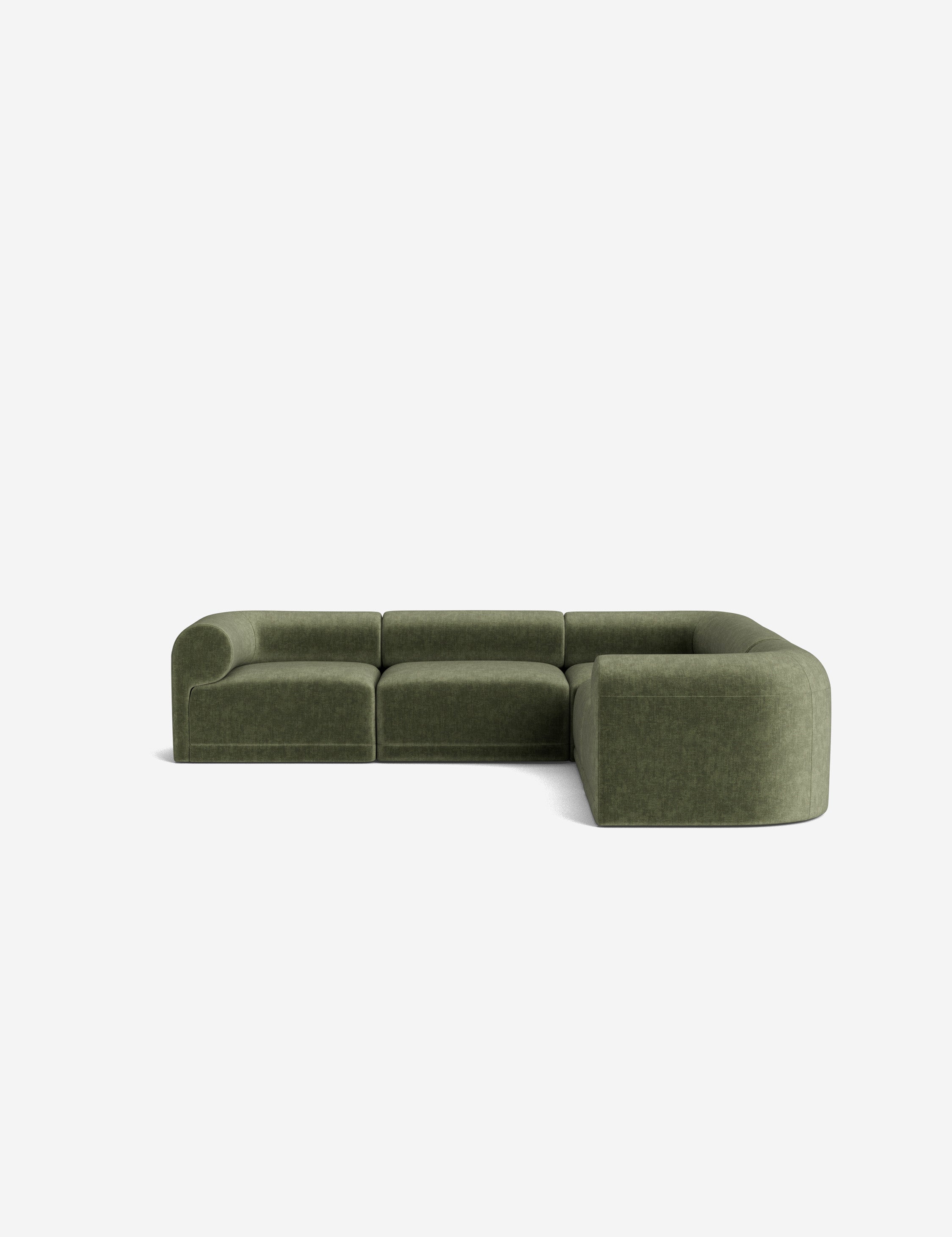 Sofa with curved arms in rust/orange fabric, low-profile cushions, modular seating.