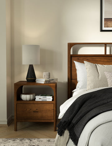 #color::walnut-oak | Ralston open shelf walnut nightstand styled by the bedside