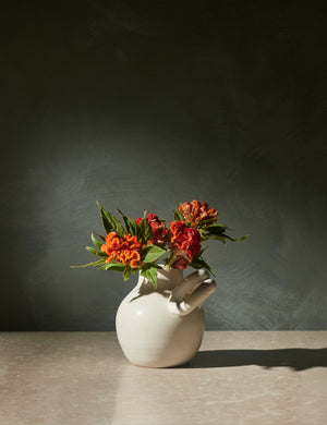 Canal white rounded vase by Salamat Ceramics with sculptural arm