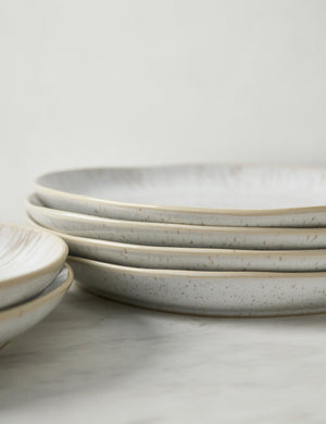 Close-up of the Eivissa set of 6 shiny white glazed speckled stoneware dinner plates by Casafina