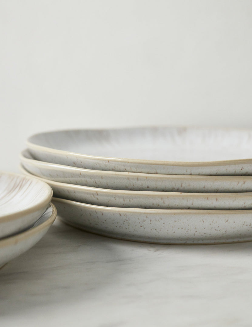 #color::sand #style::dinner-plates--set-of-6  | Close-up of the Eivissa set of 6 shiny white glazed speckled stoneware dinner plates by Casafina
