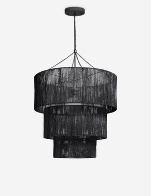 Chavette three-tiered black jute-wrapped chandelier