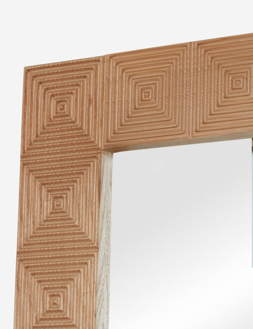 #color::natural | Corner of the Chelan handcrafted carved wood frame full length mirror.