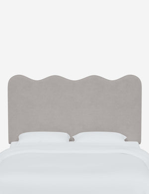 Clementine Mineral Gray Velvet Headboard with a scalloped shape at the top