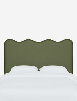 Clementine Pine Green Velvet Headboard with a scalloped shape at the top