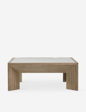 Side view of the Pender modern wood and glass top square coffee table.