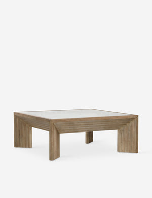 Pender modern wood and glass top square coffee table.