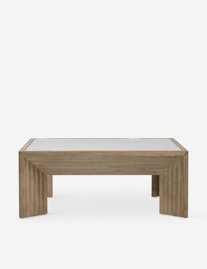 #color::natural | Side view of the Pender modern wood and glass top square coffee table.