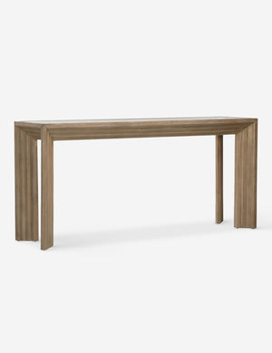 Angled view of the Pender modern wood and glass top console table.