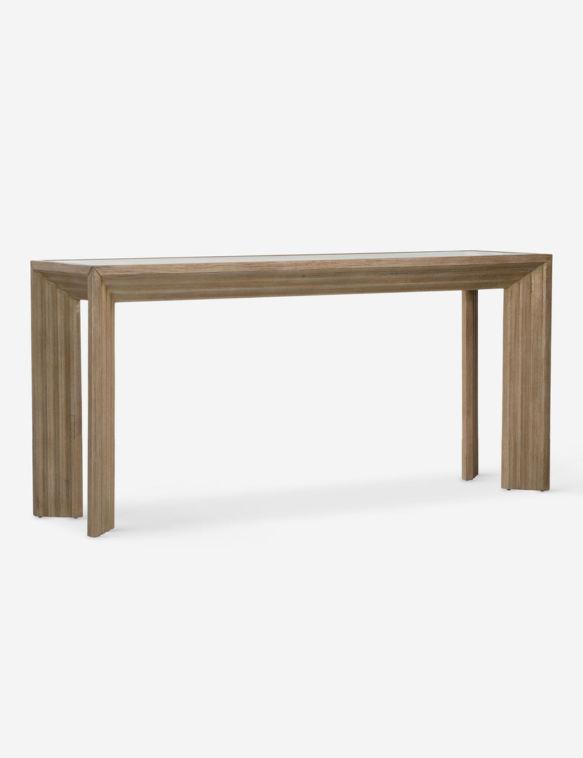 #color::natural | Angled view of the Pender modern wood and glass top console table.