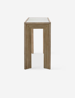 Side view of the Pender modern wood and glass top console table.