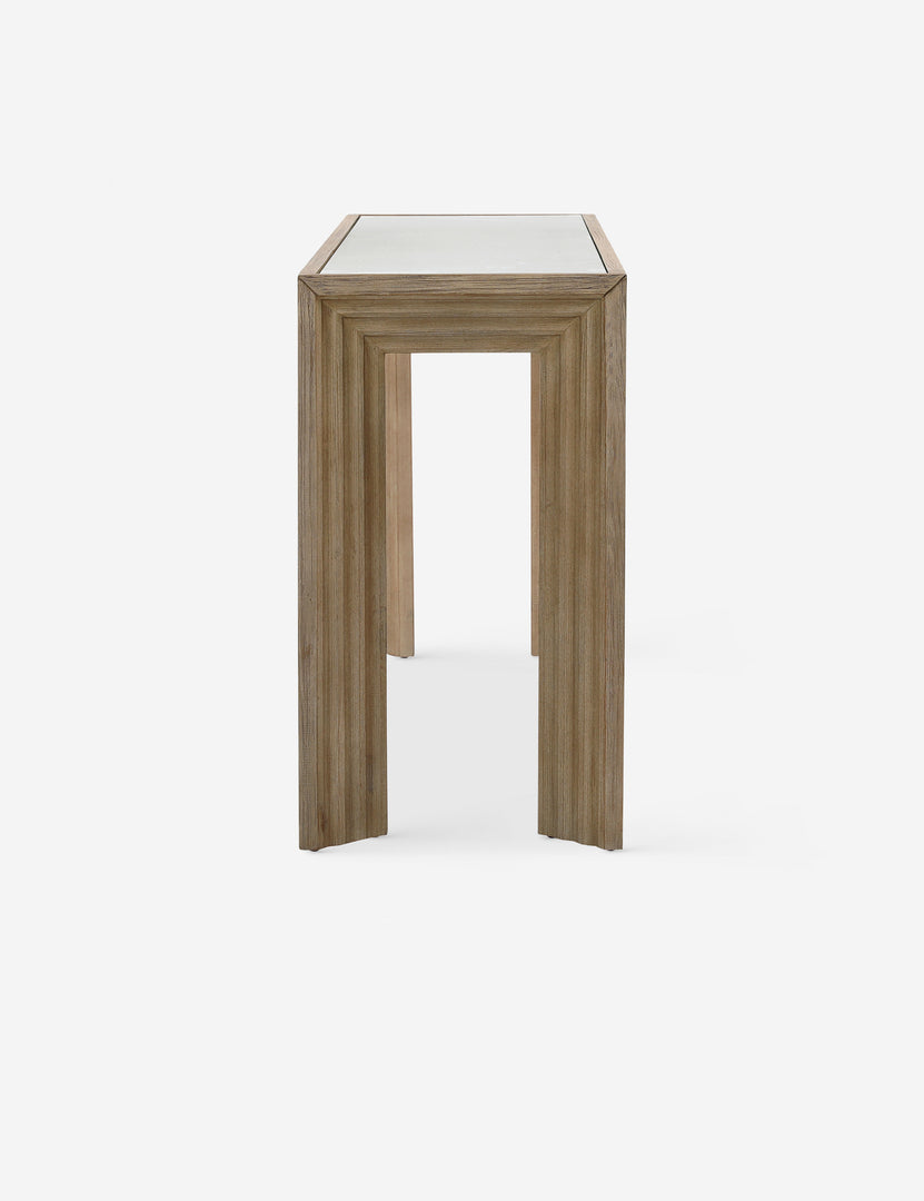 #color::natural | Side view of the Pender modern wood and glass top console table.