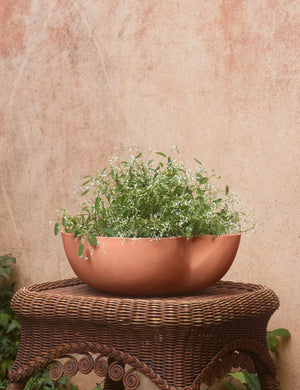 Dempsy low sculptural large planter by Sarah Sherman Samuel in Sienna filled with flowers.