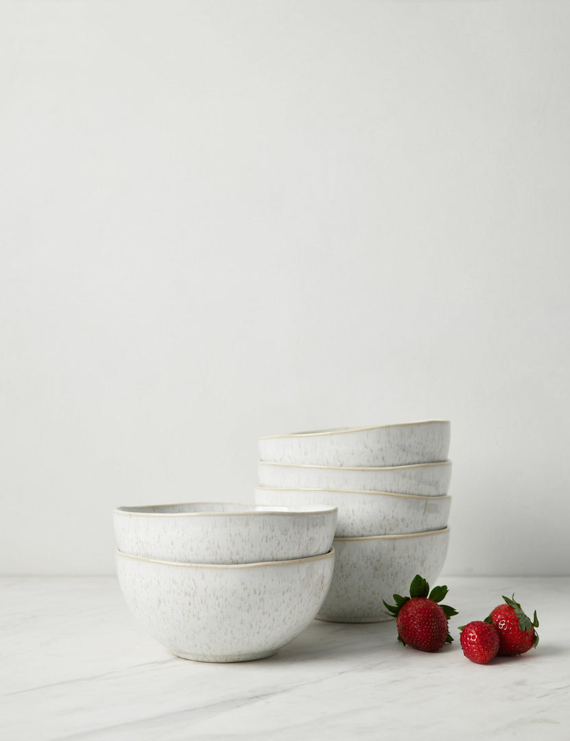 #color::sand #style::cereal-bowls--set-of-6 | Eivissa set of 6 shiny white glazed speckled stoneware cereal bowls by Casafina