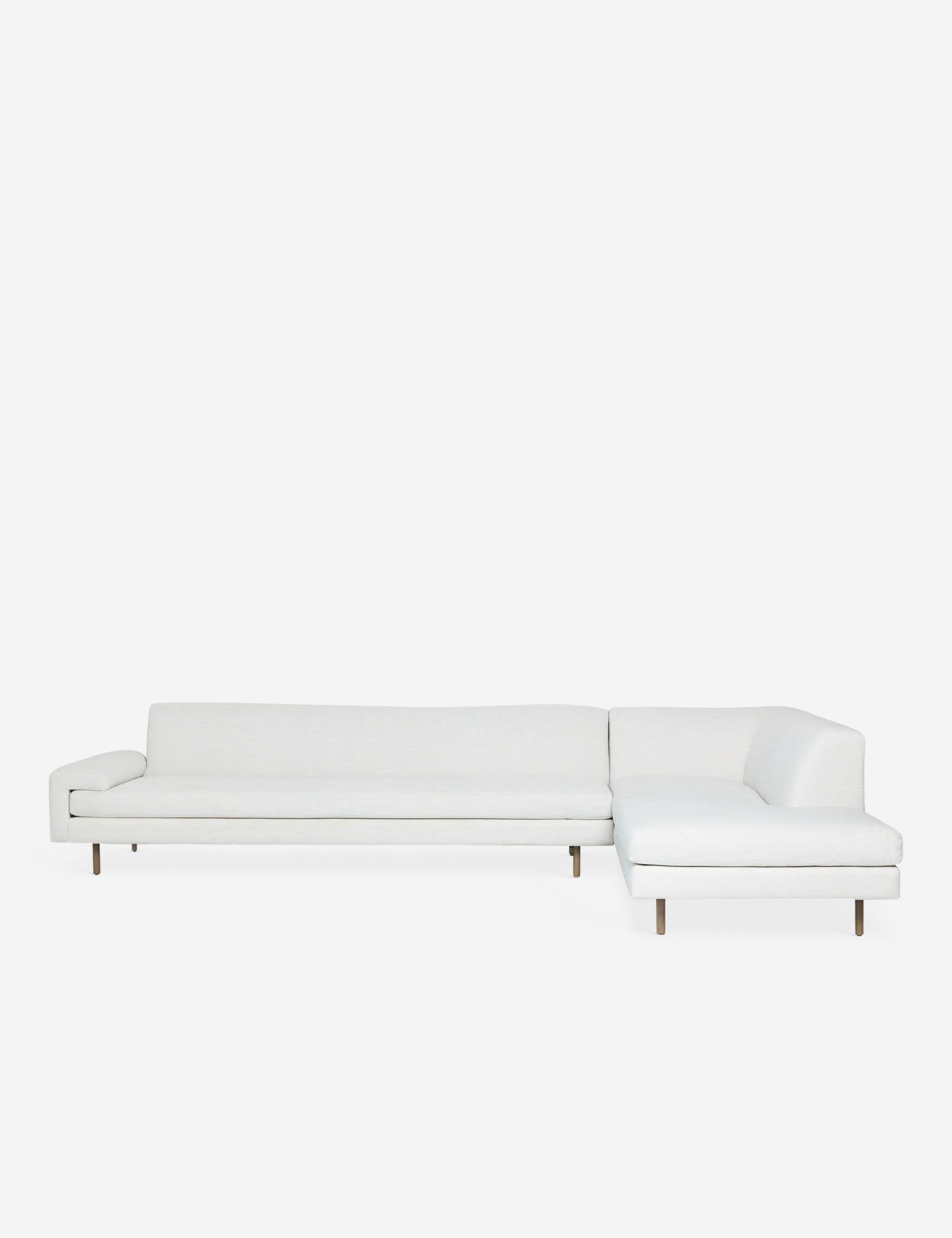#color::white #configuration::right-facing | Estee white linen right-Facing Upholstered Sectional Sofa with wooden dowel legs and a clean-lined frame