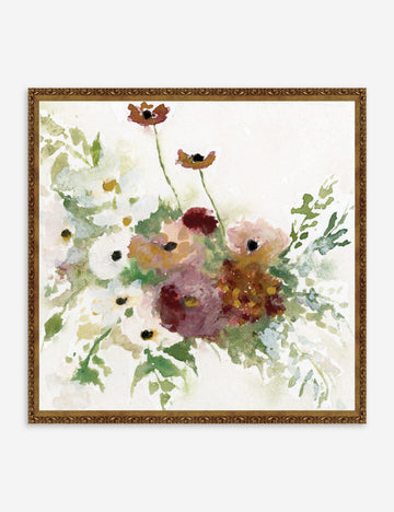 #frame-option::framed #size::10--x-10- #size::16--x-16- #size::20--x-20- #size::24--x-24- #size::12--x-12- #size::18--x-18- #size::22--x-22- #size::26--x-26- | Fleurs Print in a bronze frame that features a soft bouquet of vibrant colors by Hannah Winters