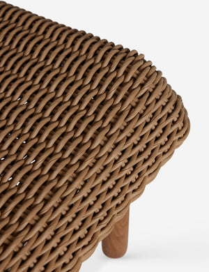 Close up of the Gally wicker and teak outdoor dining chair.