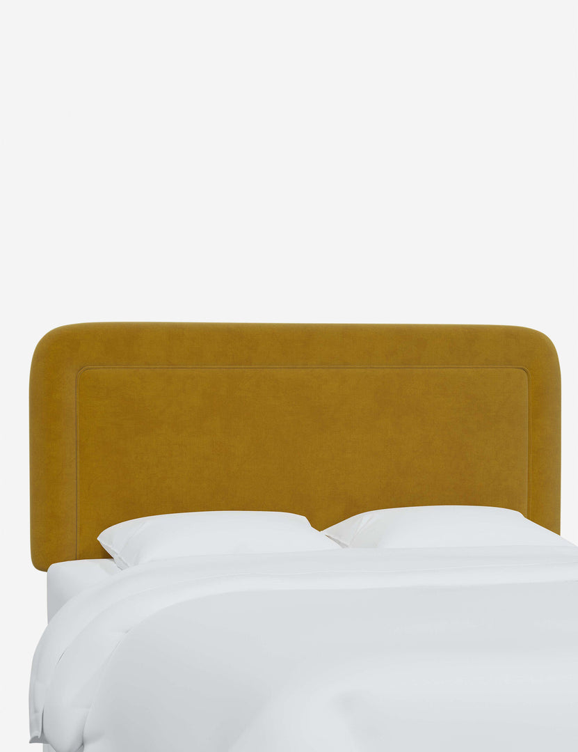 #color::citronella-velvet #size::full #size::queen #size::king #size::cal-king | Angled view of the Gwendolyn Citronella Yellow Velvet headboard