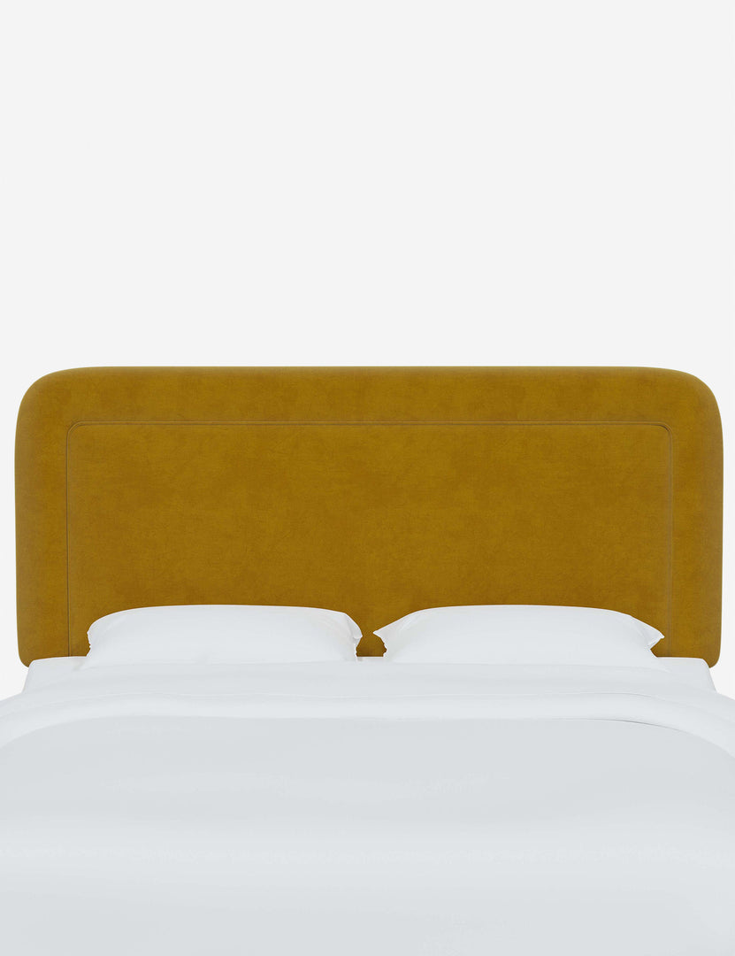 #color::citronella-velvet #size::full #size::queen #size::king #size::cal-king | Gwendolyn Citronella Yellow Velvet headboard with soft, arched corners and an interior welt border