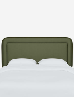 Gwendolyn Pine Green Velvet headboard with soft, arched corners and an interior welt border