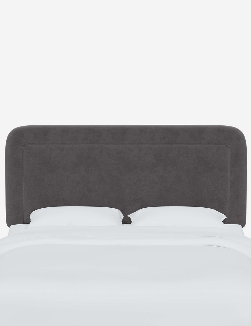 #color::steel-velvet #size::full #size::queen #size::king #size::cal-king | Gwendolyn Steel Gray Velvet headboard with soft, arched corners and an interior welt border