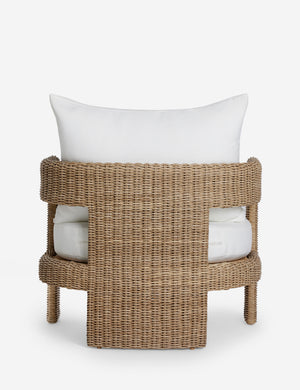 Back of the Hadler modern sculptural open frame wicker outdoor accent chair.