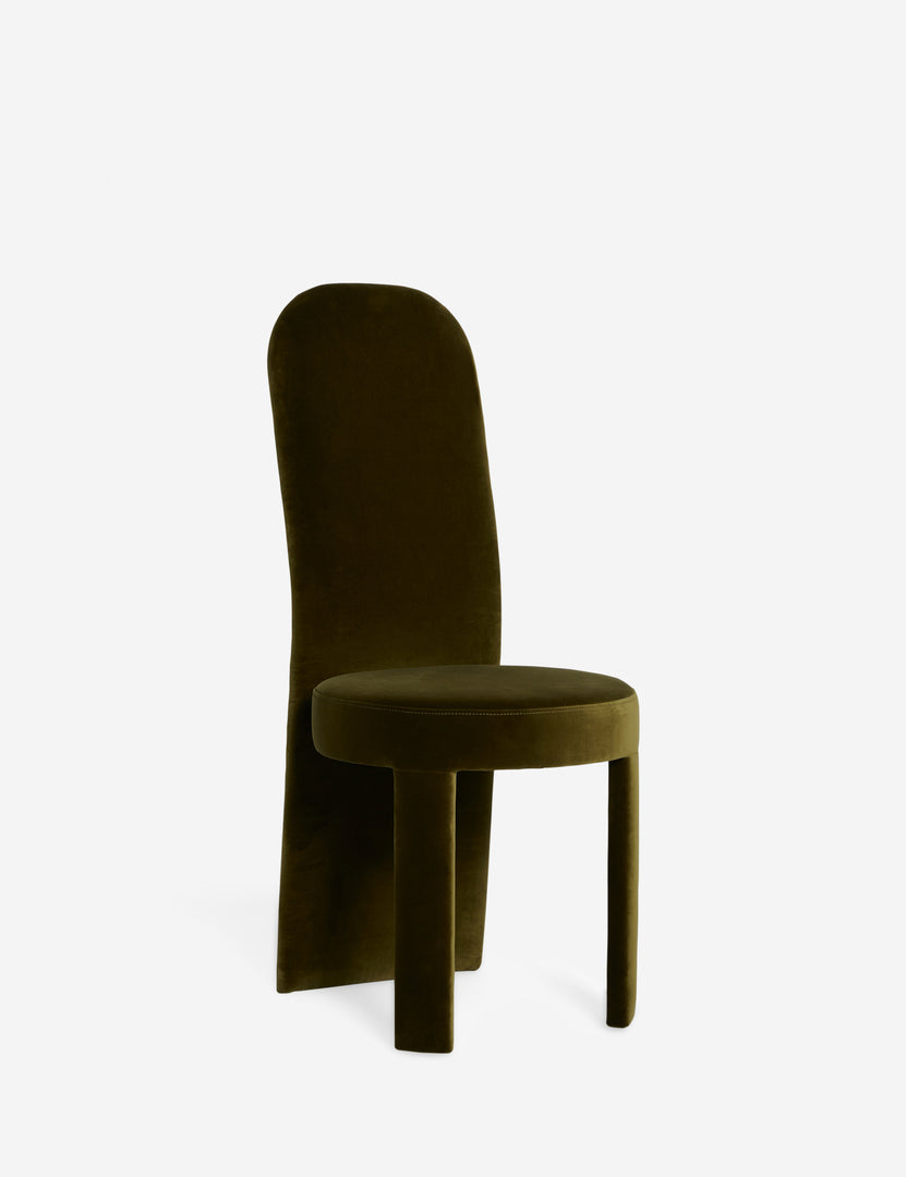 #color::green-velvet | Angled view of the Halbrook upholstered tall back sculptural dining chair in green velvet