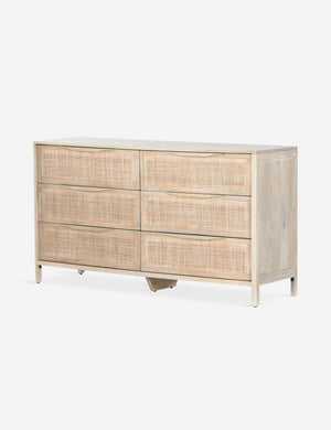 Right angled Hannah light wood 6-drawer dresser with cane-front drawers