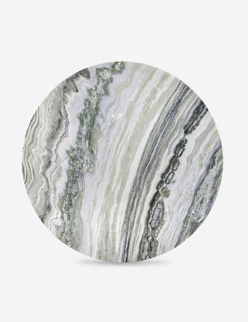 #color::green-onyx-marble | Overhead view of the Celia sculptural round marble dining table.