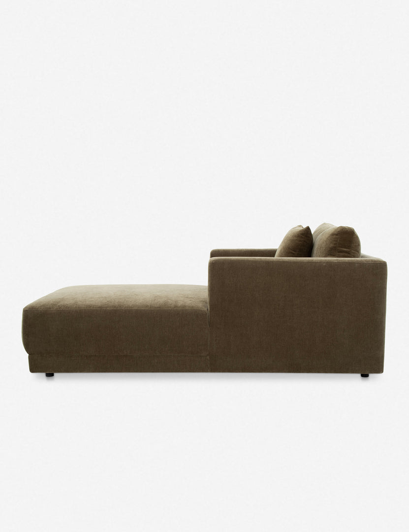 #color::olive-boucle-velvet | Side profile of the Braque velvet upholstered chaise lounge chair.