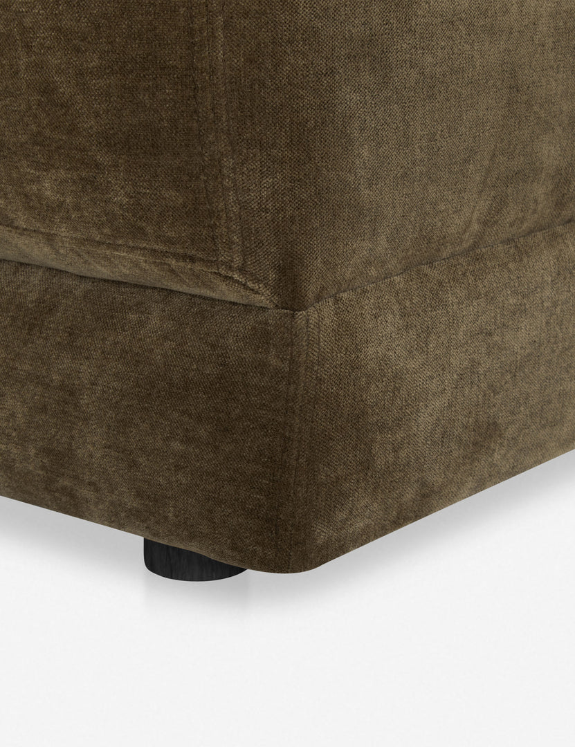 #color::olive-boucle-velvet | Close up of the Braque velvet upholstered chaise lounge chair.