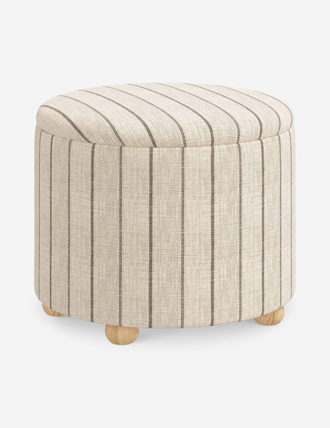 #color::natural-stripe #size::24-Dia | Angled view of the Kamila Natural Stripe Linen 24-inch ottoman