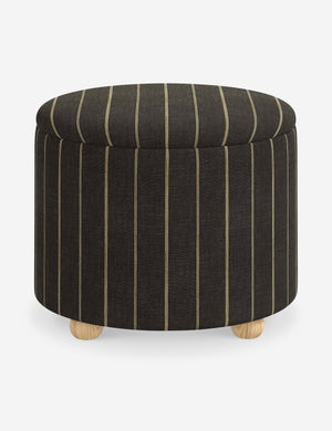 Kamila Peppercorn Stripe Linen 24-inch round ottoman with storage space and pinewood feet