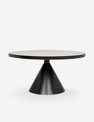 | Kimani round black dining table with a dark metal finish and cone-shaped pedestal