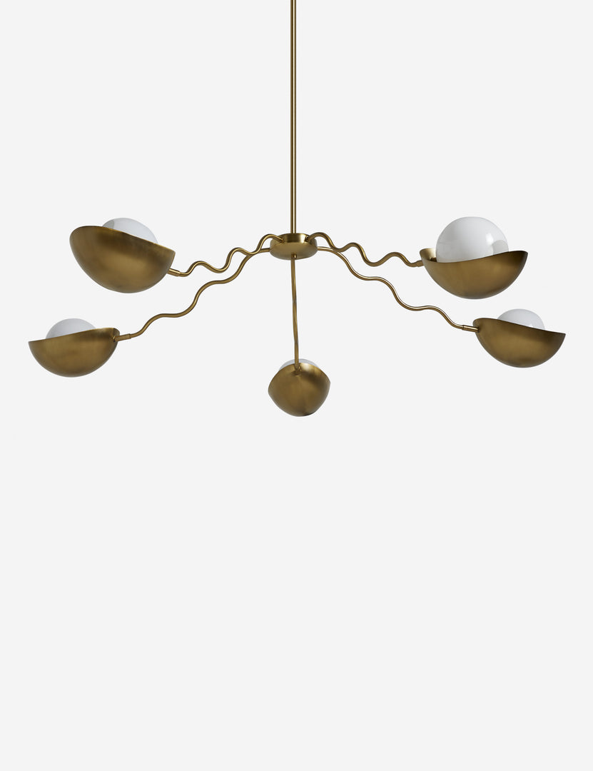 #color::brass #size::62-dia | Bottom view of the Kukka large modern wavy arm chandelier in brass