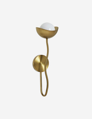 Angled view of the Kukka modern wavy arm wall sconce in brass