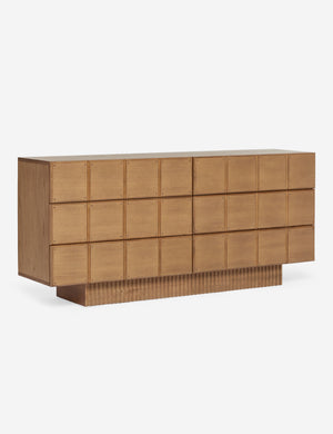 Angled view of the Lee blockwork design wide six drawer dresser
