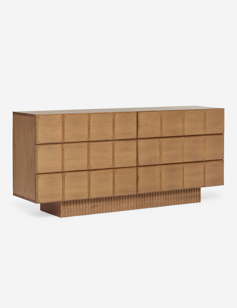 | Angled view of the Lee blockwork design wide six drawer dresser