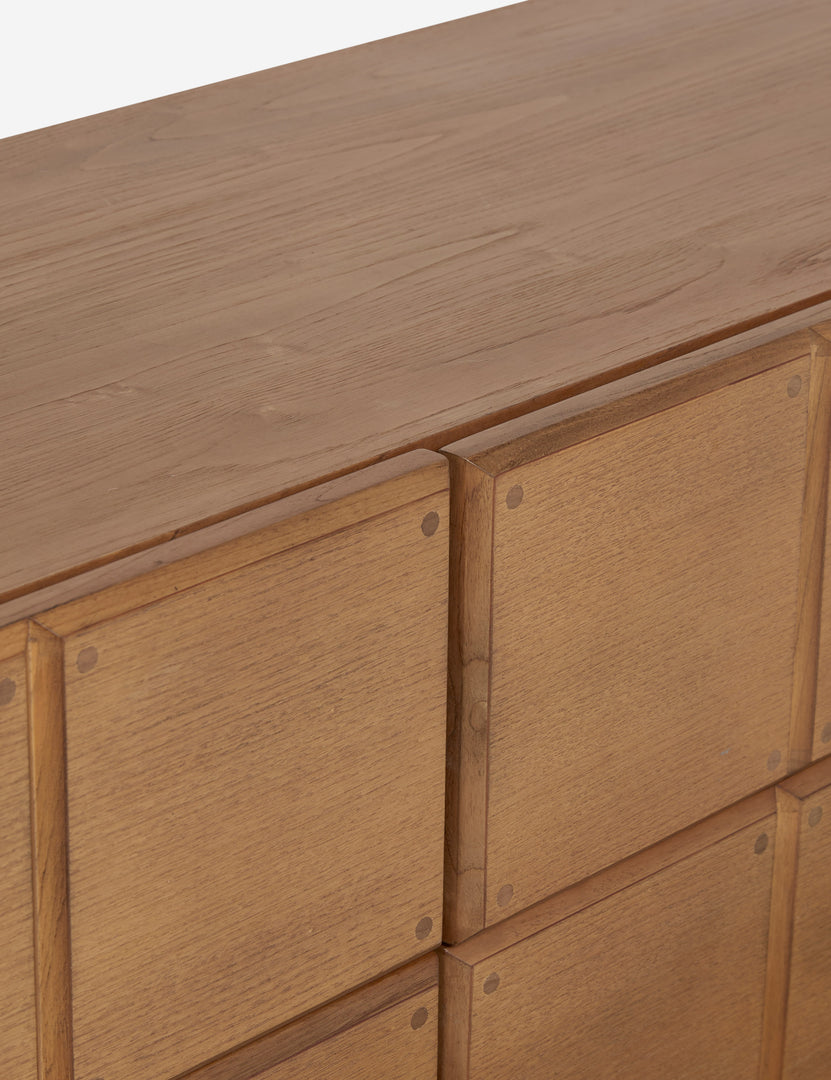 #color::russet | Close up view of the Lee blockwork design wide six drawer dresser