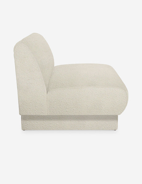 #color::Ivory-Boucle #configuration::left-facing #configuration::right-facing #size::142-W #size::114-W | Side view of the Centerpiece of the white boucle sectional sofa with upholstered beam legs