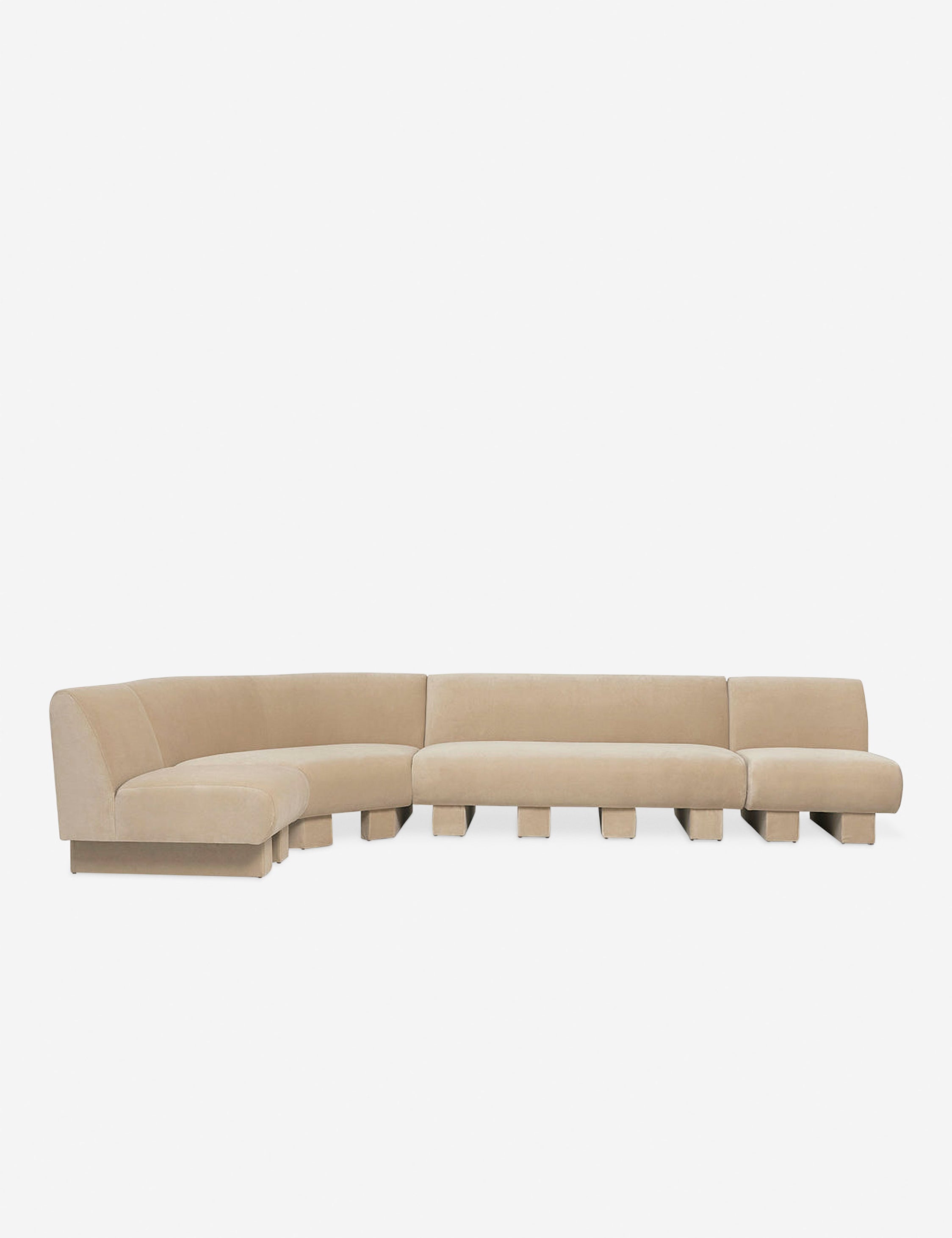 #color::brie-classic-velvet #configuration::left-facing #size::142-W | Lena left-facing beige velvet sectional sofa with upholstered beam legs.