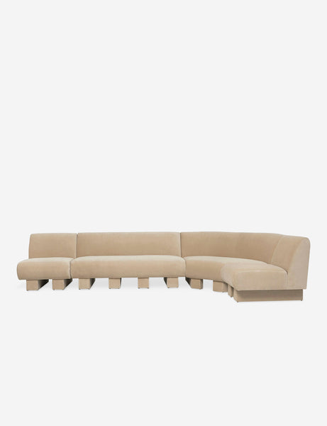 #color::brie-classic-velvet #configuration::right-facing #size::142-W |  Lena right-facing beige velvet sectional sofa with upholstered beam legs.