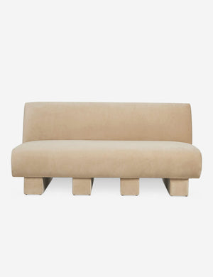 Centerpiece of the Lena beige velvet sectional sofa with upholstered beam legs