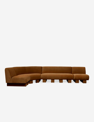 Lena left-facing cognac velvet sectional sofa with upholstered beam legs.