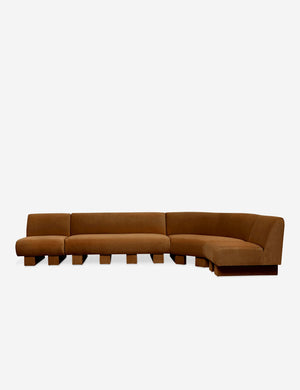 Lena right-facing cognac velvet sectional sofa with upholstered beam legs.