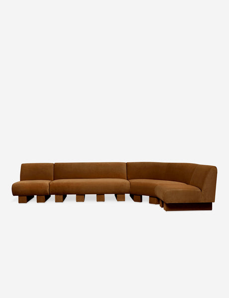 #color::Cognac-velvet #configuration::right-facing #size::142-W | Lena right-facing cognac velvet sectional sofa with upholstered beam legs.