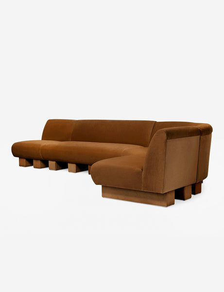 #color::Cognac-velvet #configuration::right-facing #size::142-W | Angled view of the Lena right-facing cognac velvet sectional sofa with upholstered beam legs 
