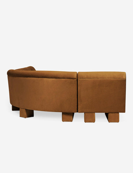 #color::Cognac-velvet #configuration::right-facing #size::142-W | Rear view of the side of the Lena right-facing cognac velvet sectional sofa with upholstered beam legs.