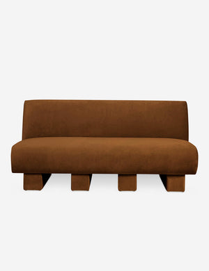Centerpiece of the Lena cognac velvet sectional sofa with upholstered beam legs