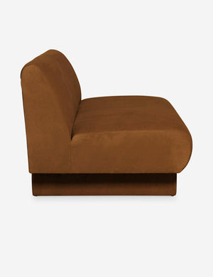 Side view of the Centerpiece of the Lena cognac velvet sectional sofa with upholstered beam legs